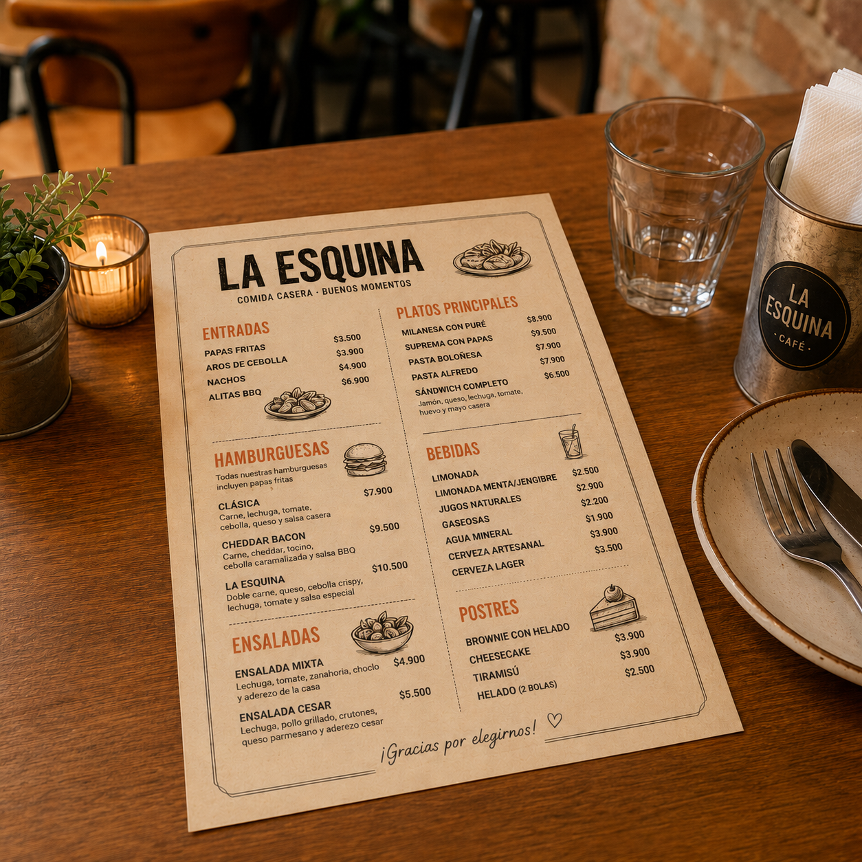Carta fisica tradicional de restaurante